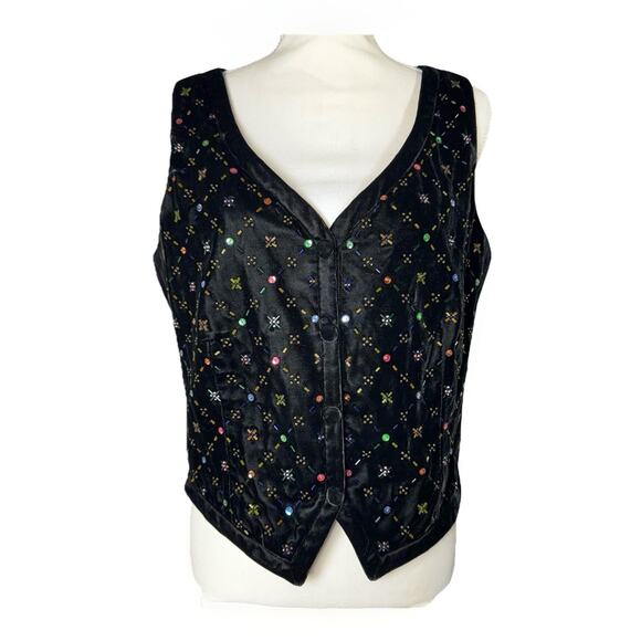 VTG Banana Republic Velvet Beaded Vest Black Size 14 Boho Festival Y2K Whimsy - Picture 1 of 7